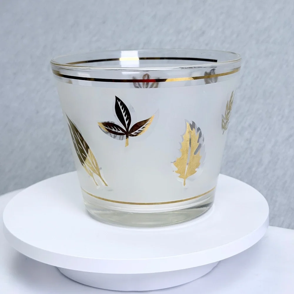 Vintage Libbey Golden Foliage Frosted Glass Planter Ice Bucket 22k Gold Leaf MCM
